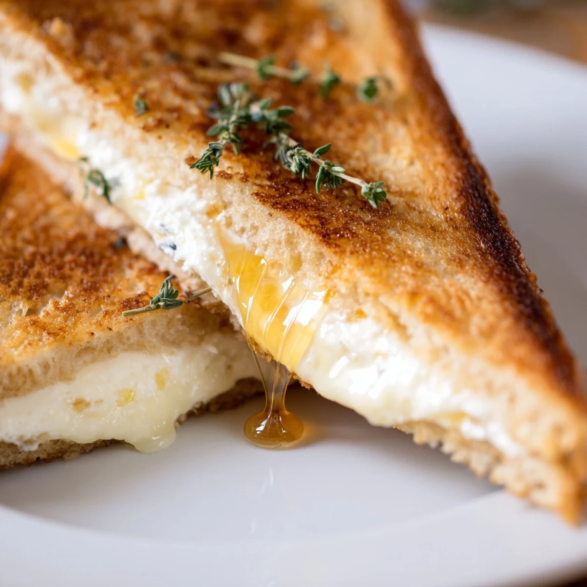 Golden brown goat cheese and honey grilled cheese sandwich oozing with melted creamy cheese on rustic sourdough bread