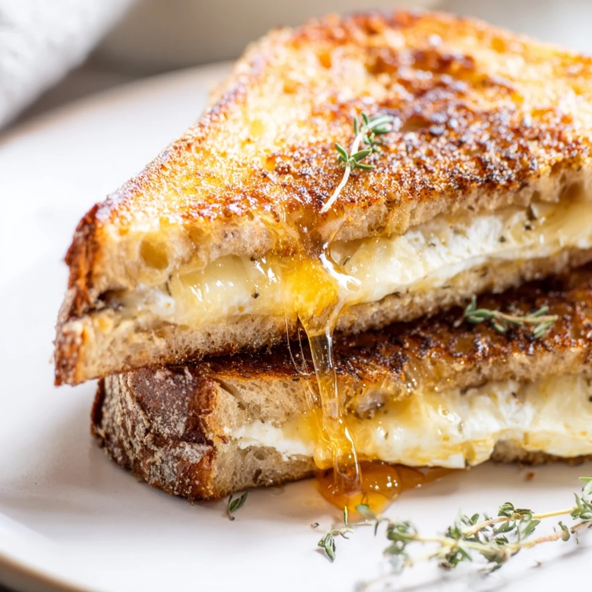 Gourmet goat cheese and honey grilled cheese cut diagonally on a wooden board with honey drizzling over the crusty exterior