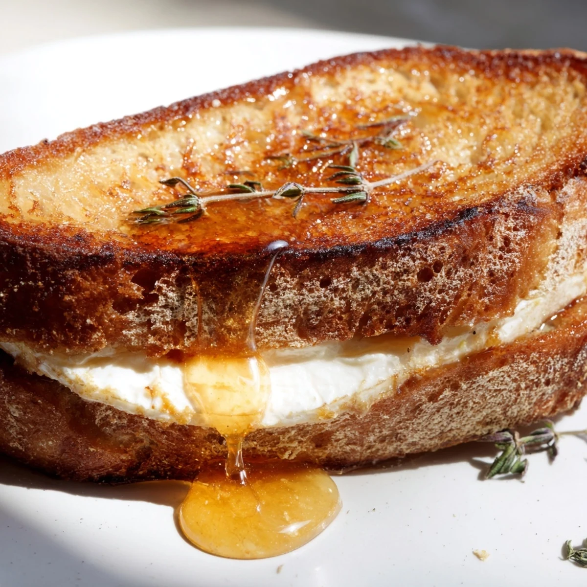 Warm goat cheese and honey grilled cheese sandwich showing golden grilled marks and soft cheese filling on country bread slices