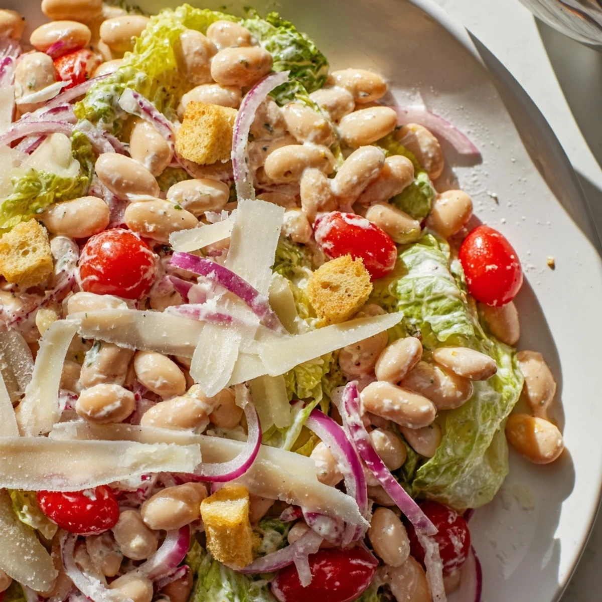 Creamy butter bean Caesar salad with crisp romaine, cherry tomatoes, and shaved Parmesan cheese