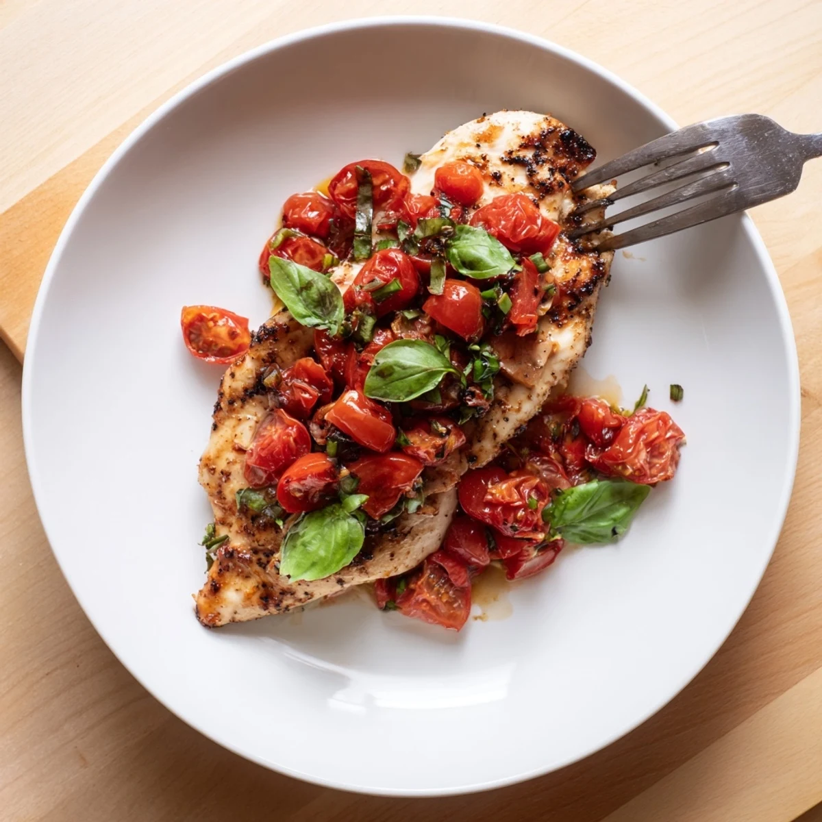 Golden grilled chicken breast topped with colorful diced tomato bruschetta and fresh green basil
