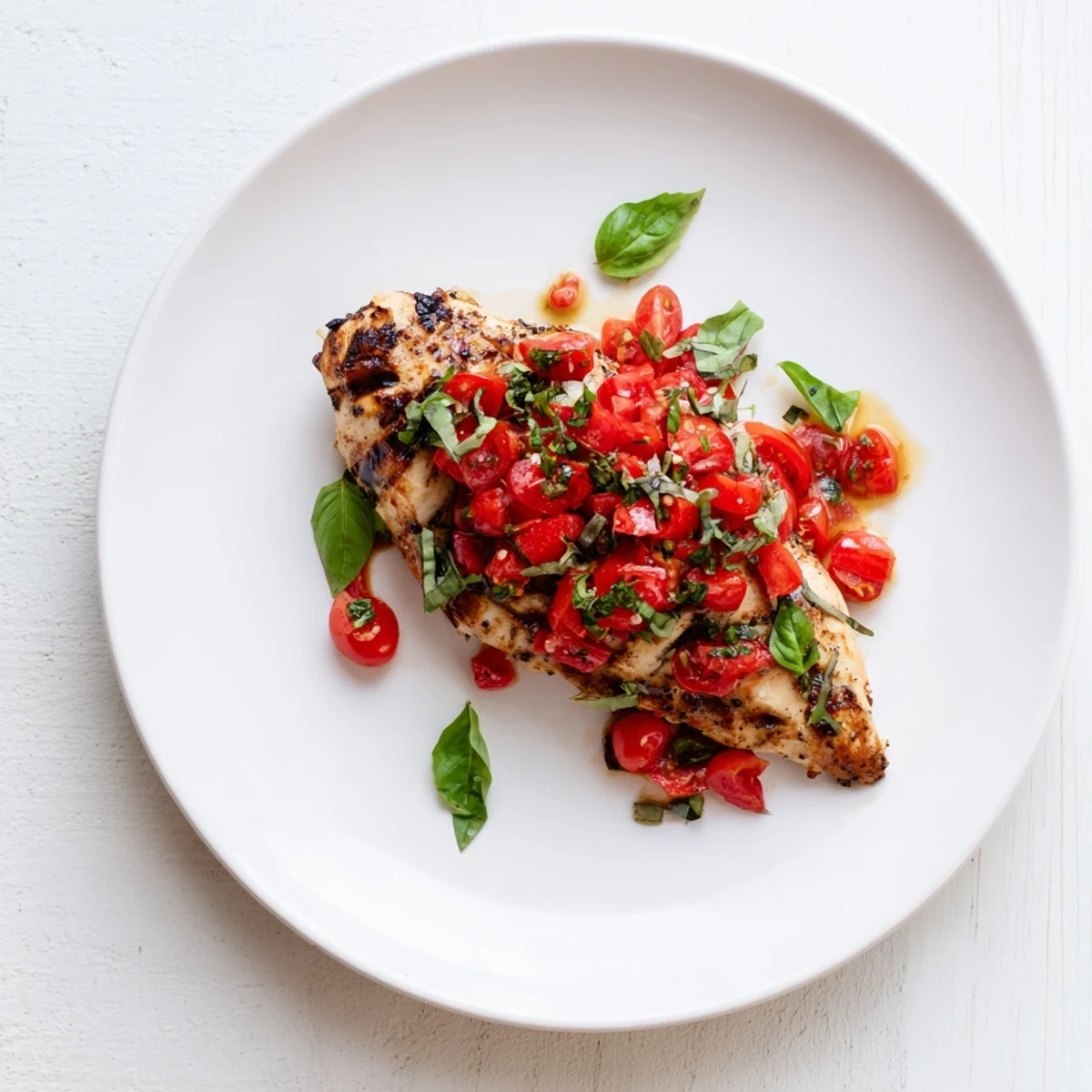 Italian-inspired bruschetta chicken plated with a generous heap of fresh tomato bruschetta garnish