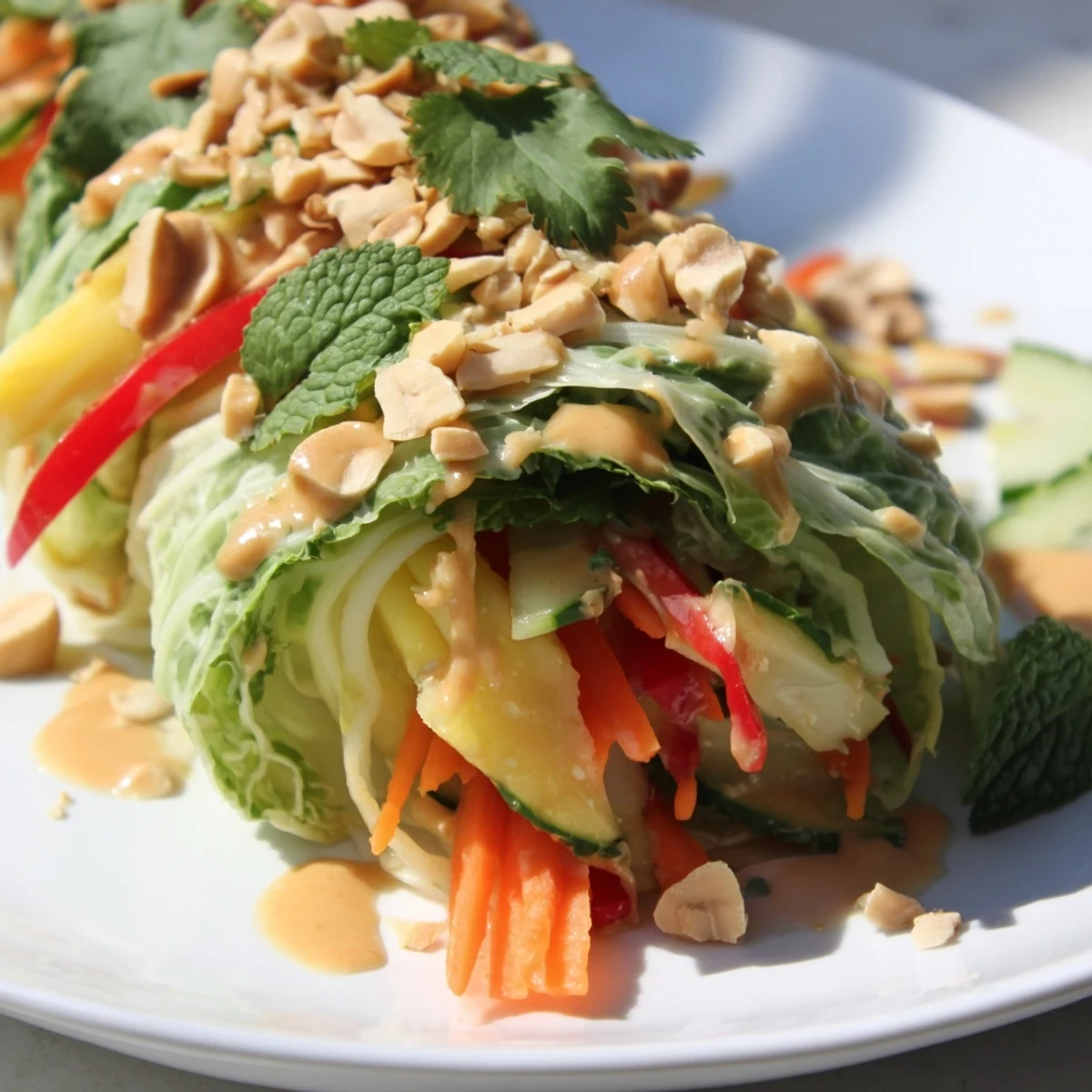 Colorful Thai mango cabbage wraps filled with fresh julienned vegetables and drizzled with creamy peanut sauce