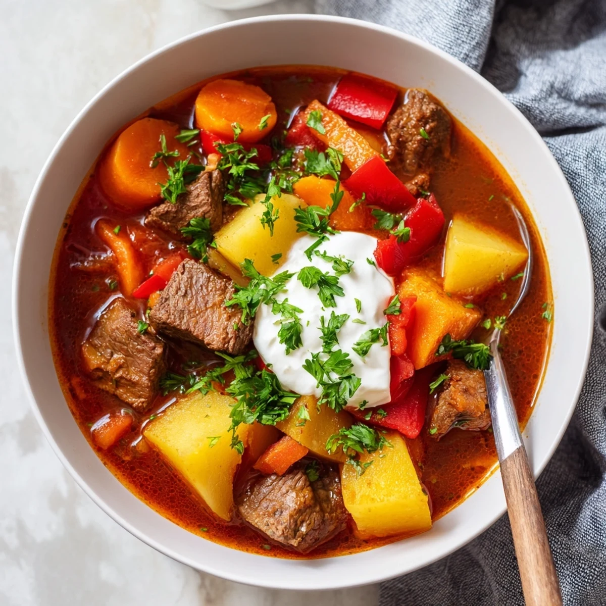 Slow cooker Hungarian goulash featuring tender beef chunks and vegetables in a rich paprika-infused broth