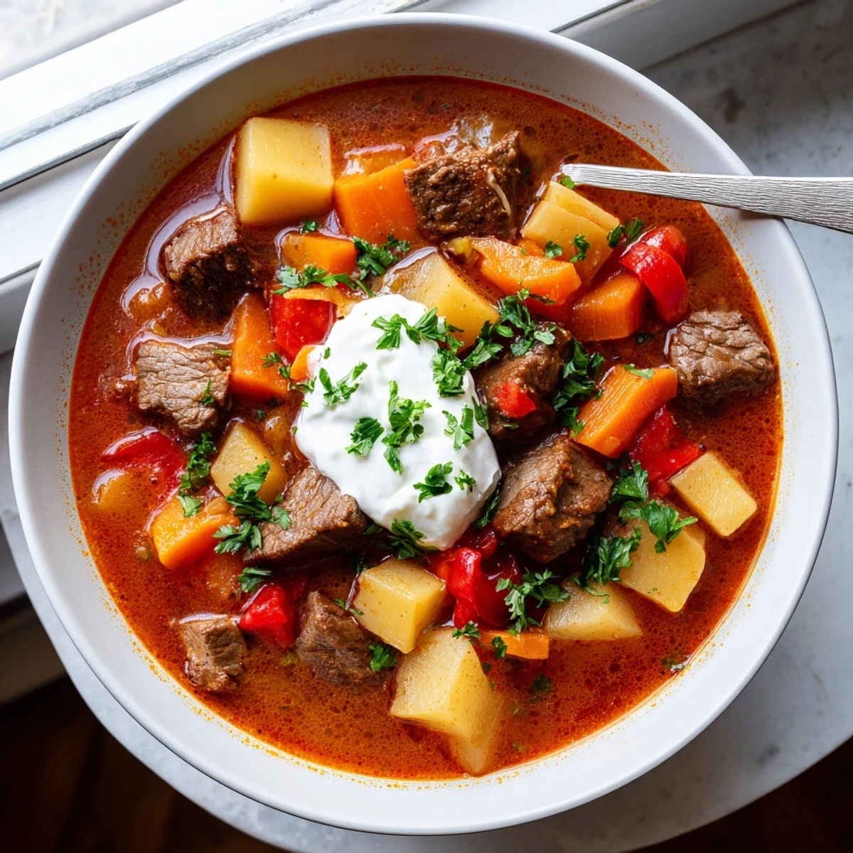 Golden red Hungarian goulash slow-cooked to perfection with beef cubes, bell peppers, and rustic sour cream