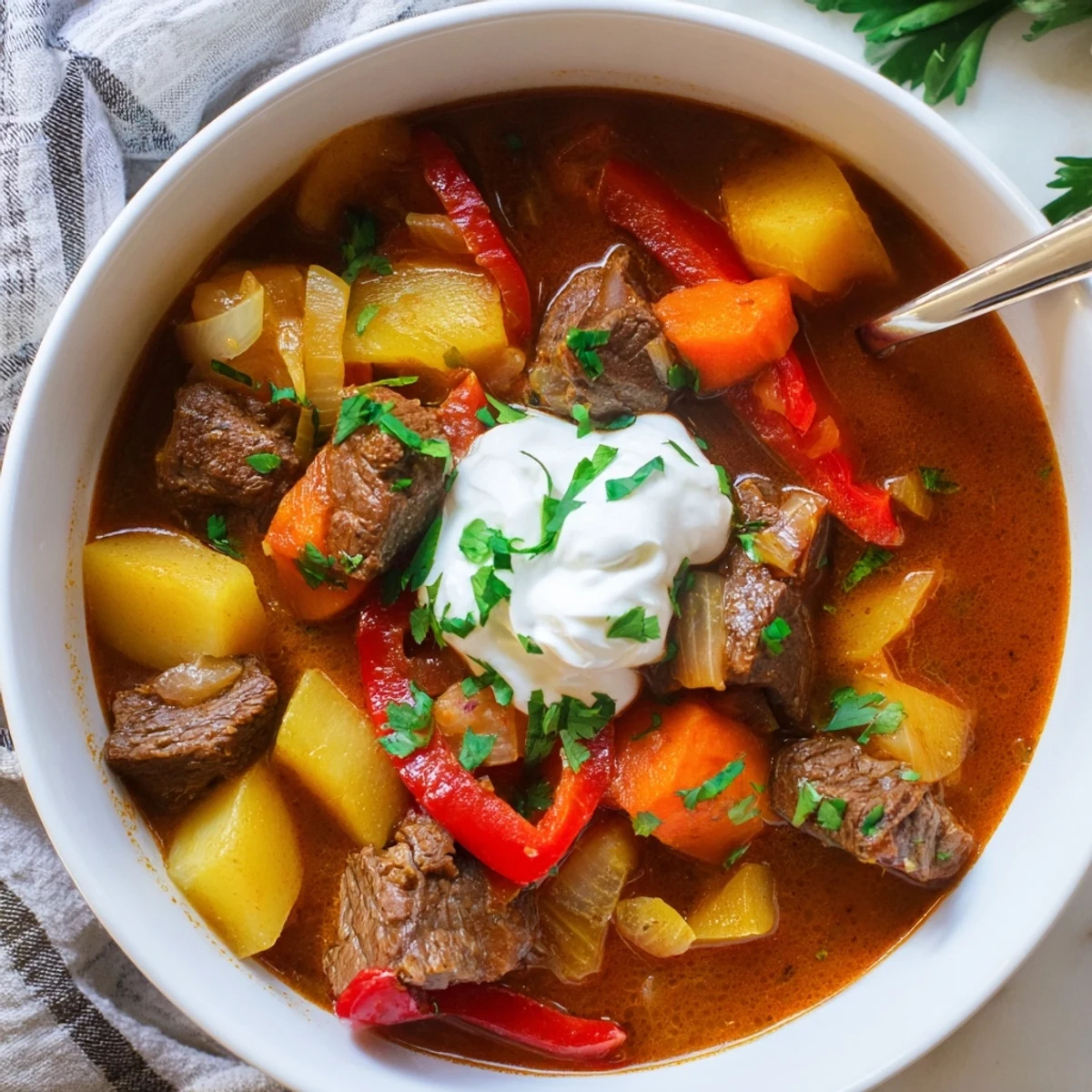 Hearty Hungarian goulash bowl with fork-tender beef, potatoes, and carrots garnished with fresh parsley