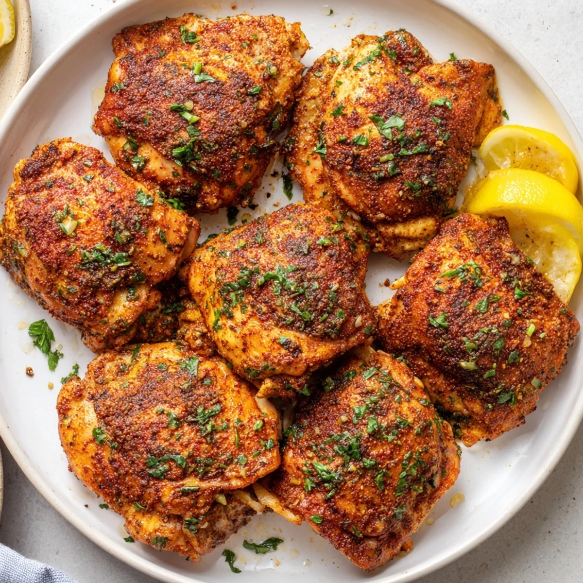Succulent oven-roasted chicken thighs plated with lemon wedges and fresh parsley sprinkles