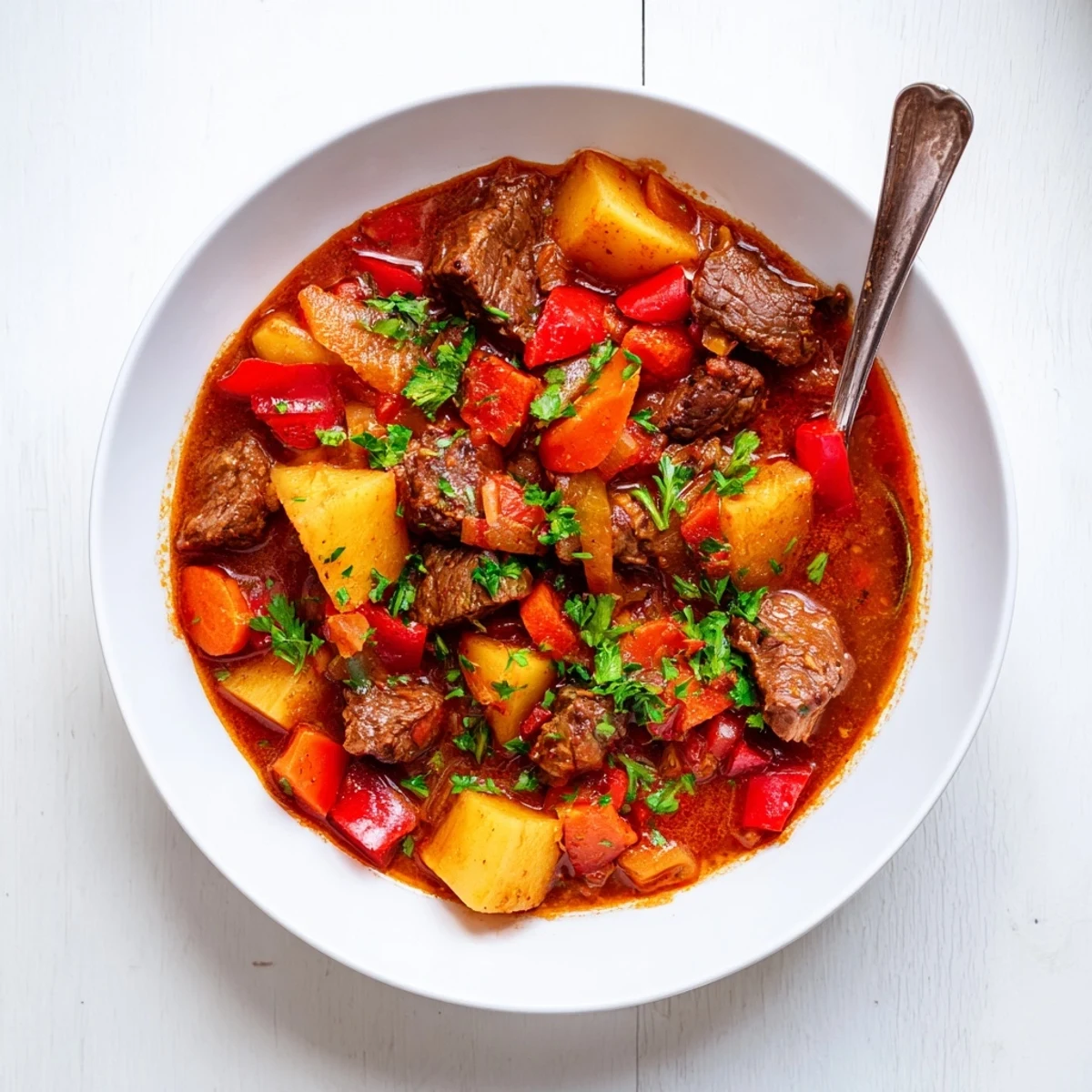 Steamy bowl of Hungarian goulash with beef, carrots, and potatoes garnished with fresh parsley
