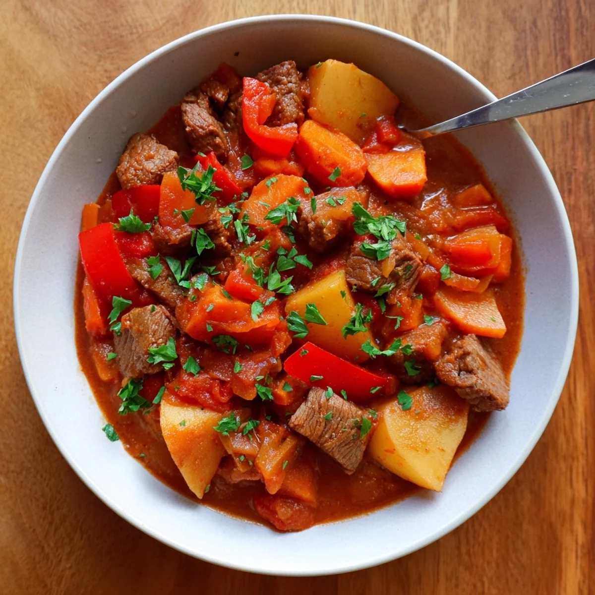 Slow cooker Hungarian goulash featuring tender beef chunks in rich paprika sauce with vegetables