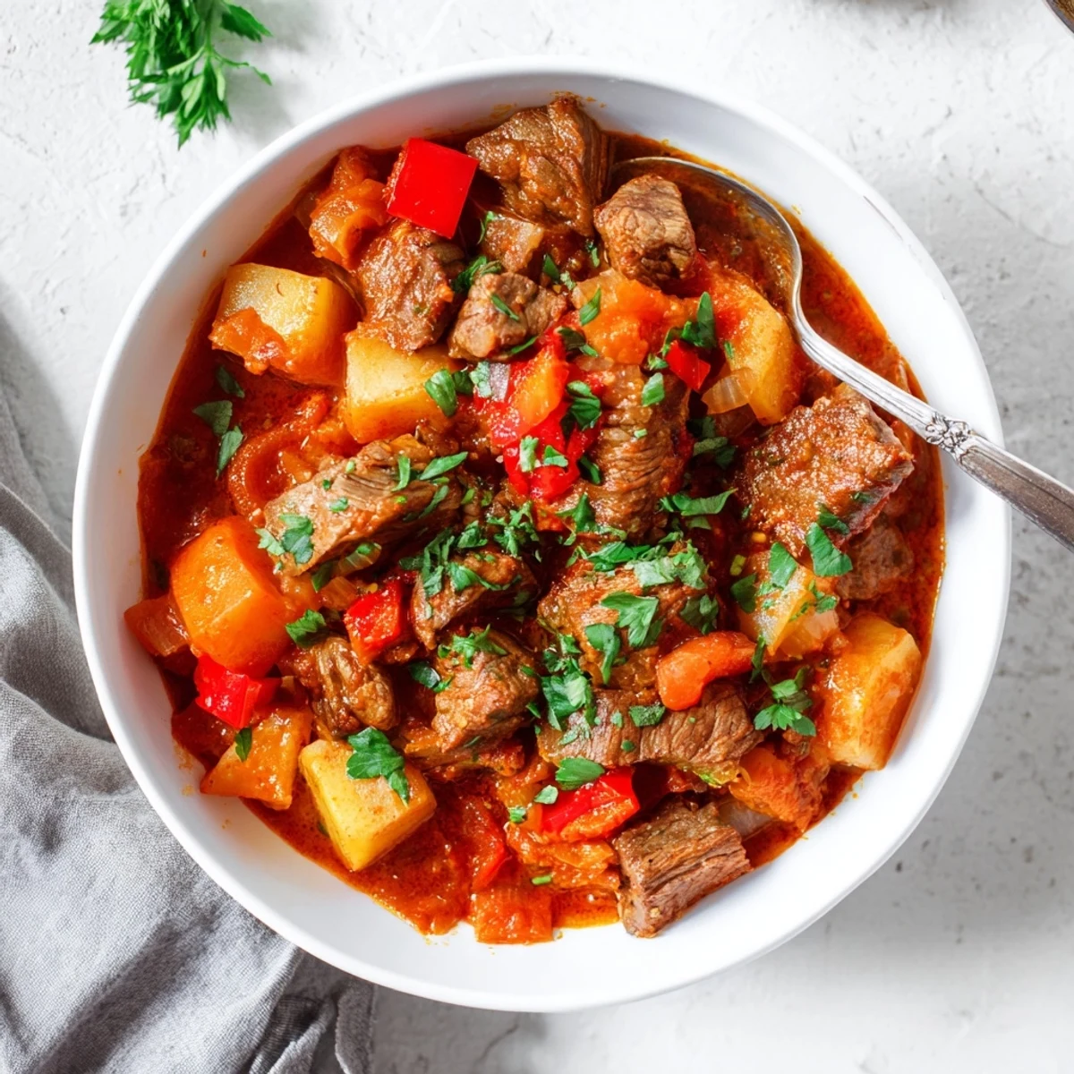 Hearty slow cooker Hungarian goulash served with crusty bread for a comforting dinner