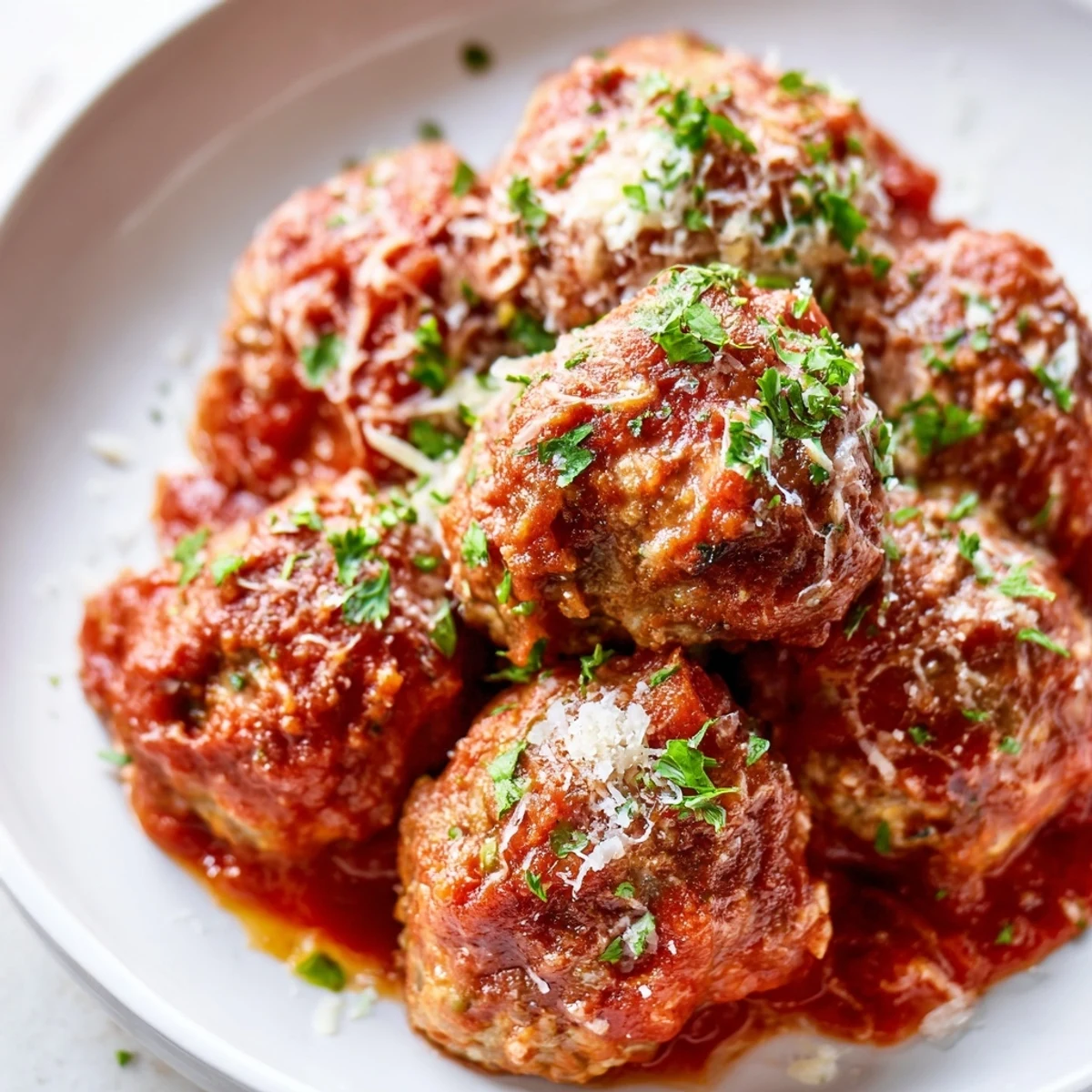 Golden authentic Italian meatballs simmering in rich red tomato sauce with fresh parsley garnish
