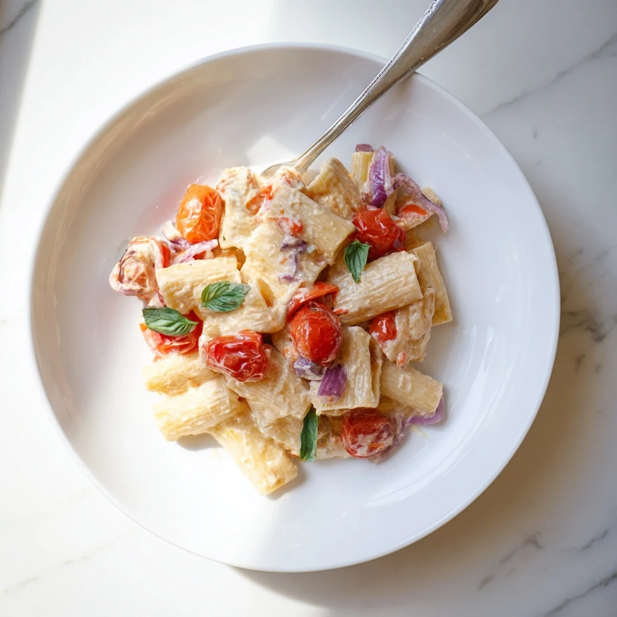 Steaming bowl of al dente pasta coated in rich tangy feta sauce with fresh basil garnish