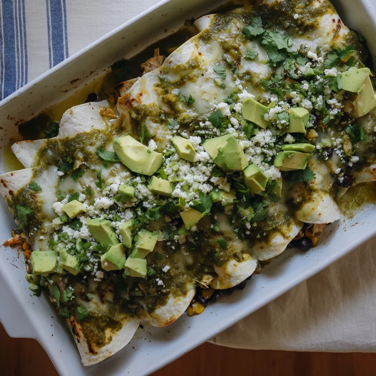 Baked Salsa Verde Chicken Enchiladas featuring tender shredded chicken and rich Monterey Jack topping
