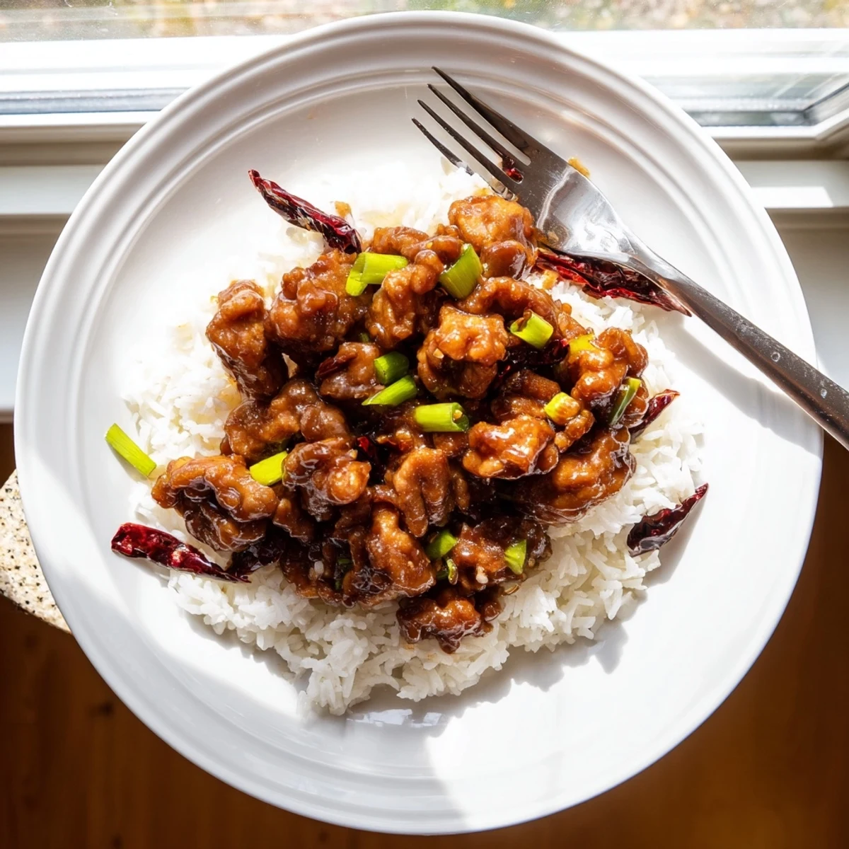 Mongolian chicken stir-fry with tender glazed meat and fresh green scallions served over fluffy white rice