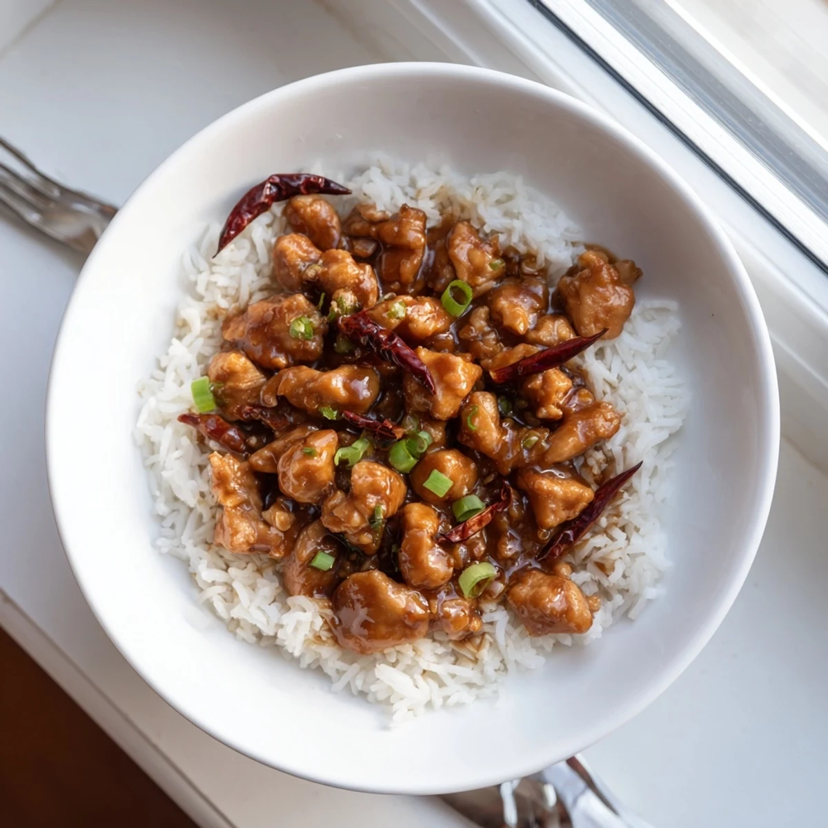 Savory homemade Mongolian chicken in rich sweet soy sauce garnished with scallions on a white plate