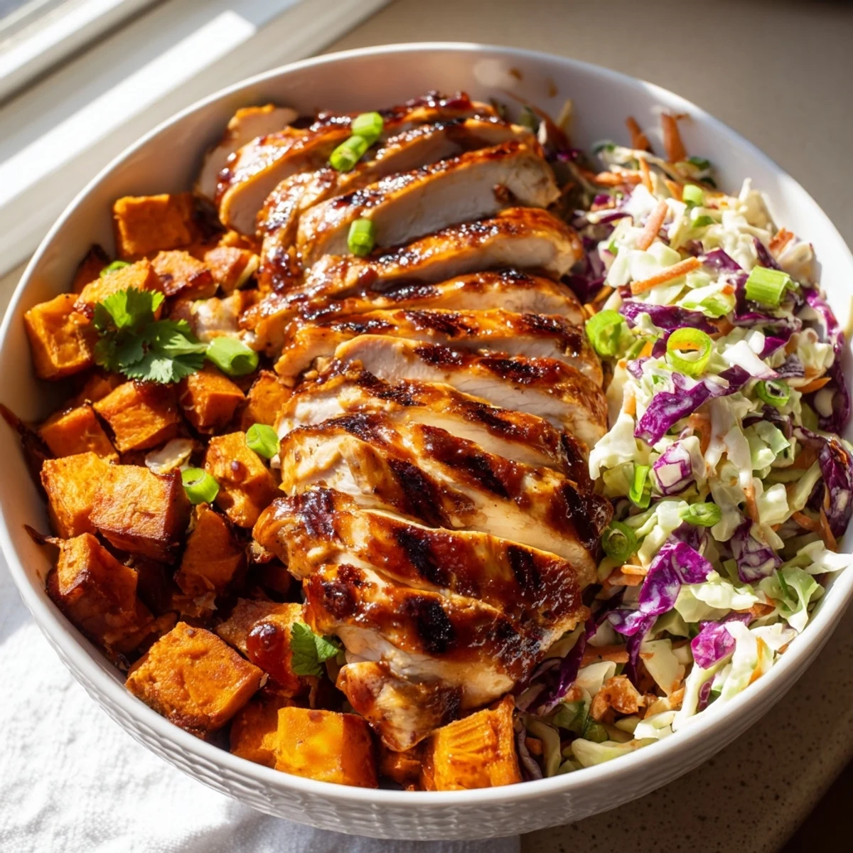 Hearty BBQ chicken bowl featuring juicy glazed chicken, roasted sweet potatoes, and crisp colorful coleslaw