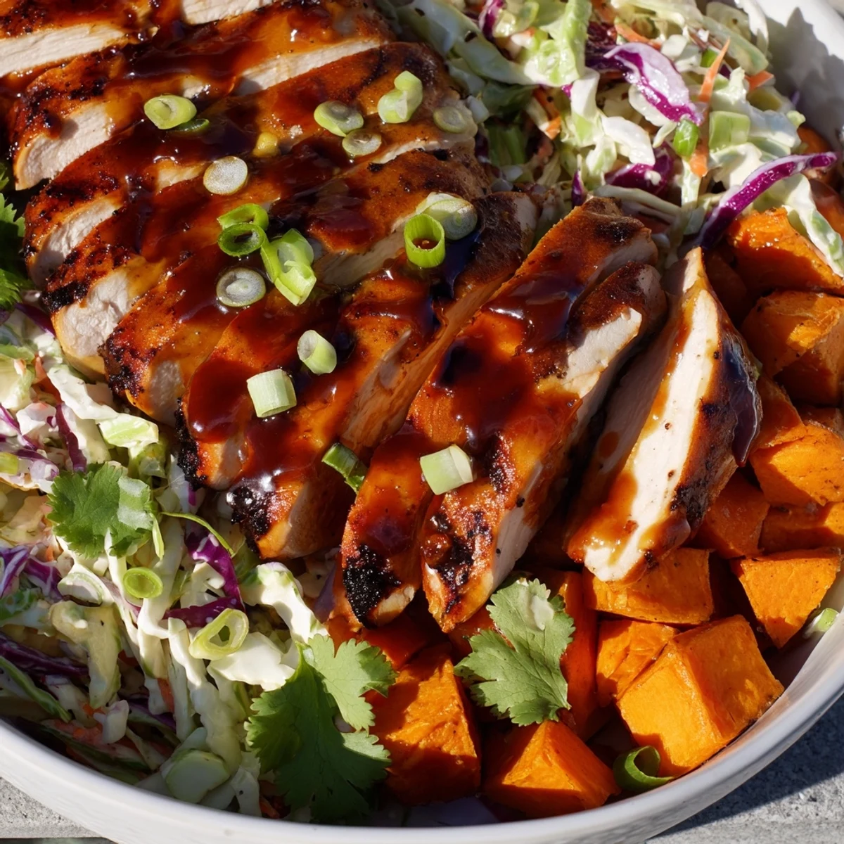 Vibrant meal prep bowl with tender BBQ chicken slices over caramelized sweet potato cubes and tangy purple cabbage slaw