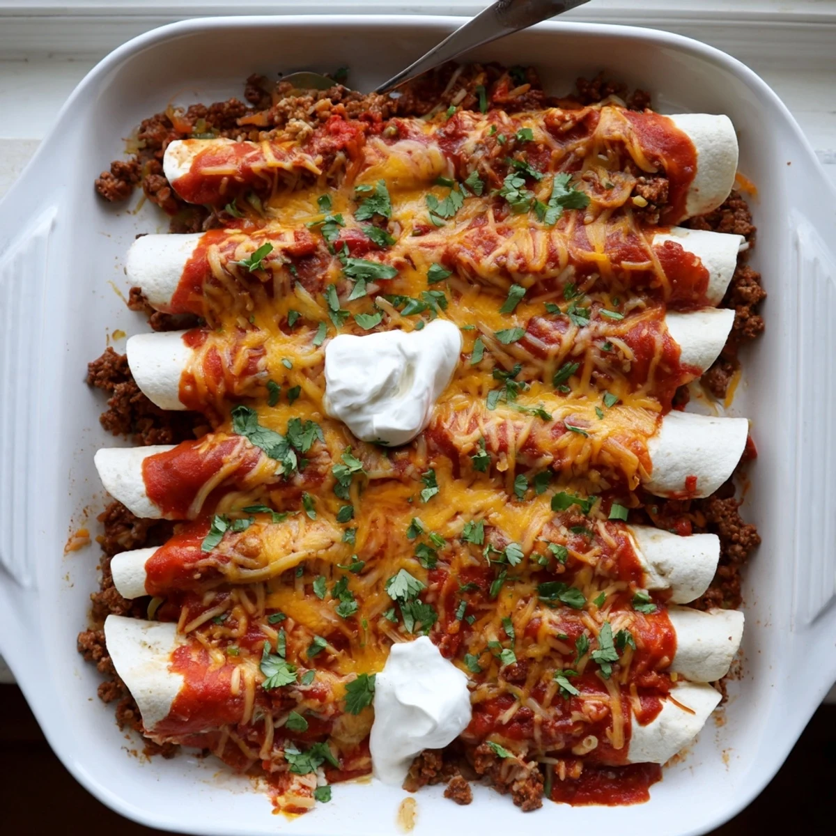 Golden tortilla rolls stuffed with spiced ground beef filling and smothered in zesty enchilada sauce