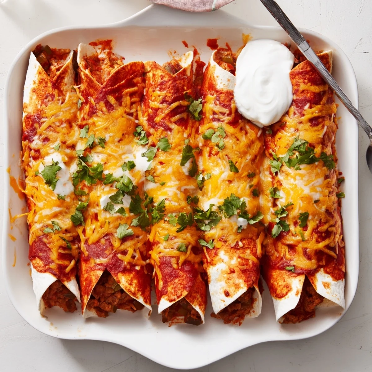 Savory beef enchiladas fresh from the oven with oozing cheese and vibrant cilantro garnish on serving platter