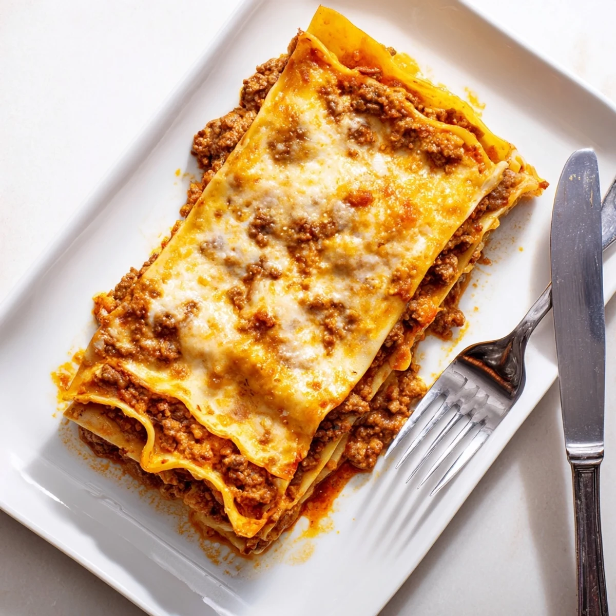 Golden classic lasagna with bubbling mozzarella and rich meat sauce layers on a white serving plate