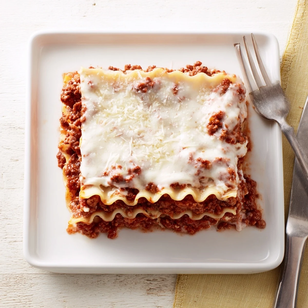Baked classic lasagna dish showing golden cheesy top with red sauce visible on the edges
