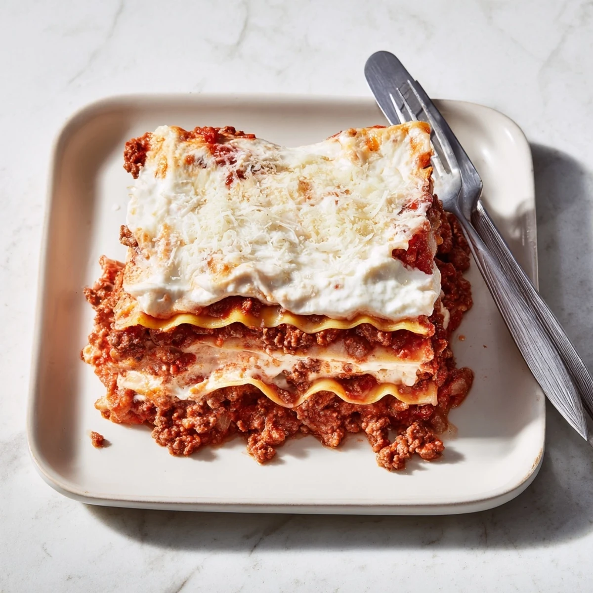Steaming square slice of classic lasagna revealing tender noodles and hearty beef ragu between melted cheeses