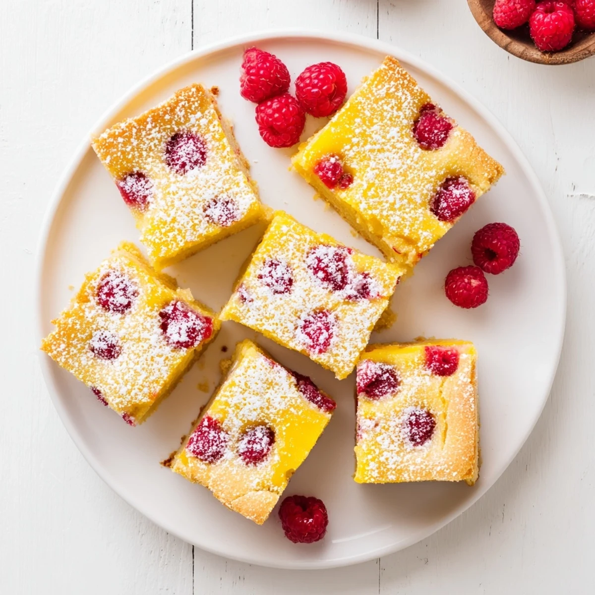 Freshly baked raspberry lemonade bars with powdered sugar dusting and bright red berry swirls on a golden buttery crust