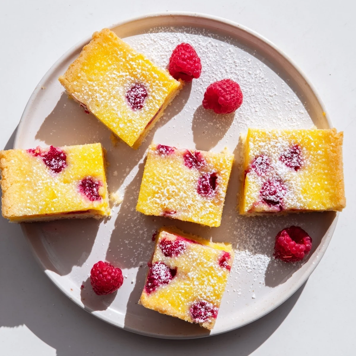 Homemade raspberry lemonade bars featuring a tangy lemon raspberry custard layer atop tender shortbread, garnished with fresh raspberries
