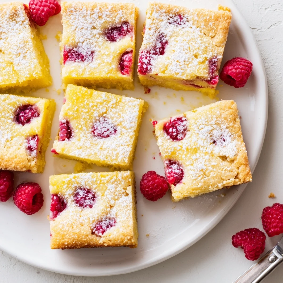 Golden shortbread crust topped with vibrant pink raspberry lemonade filling, cut into neat squares and dusted with powdered sugar