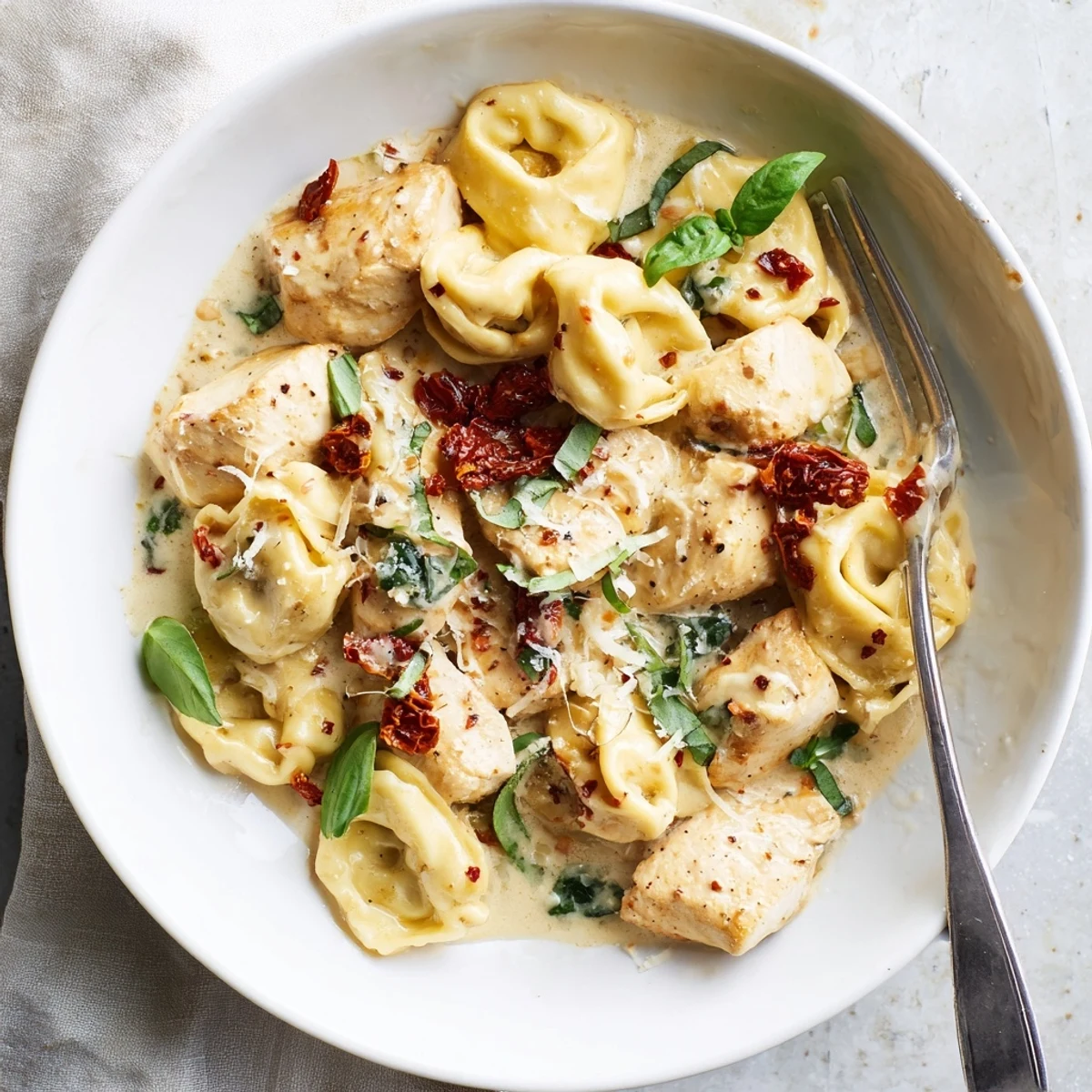Creamy Marry Me Chicken Tortellini Skillet with sun-dried tomatoes and fresh parmesan cheese garnish