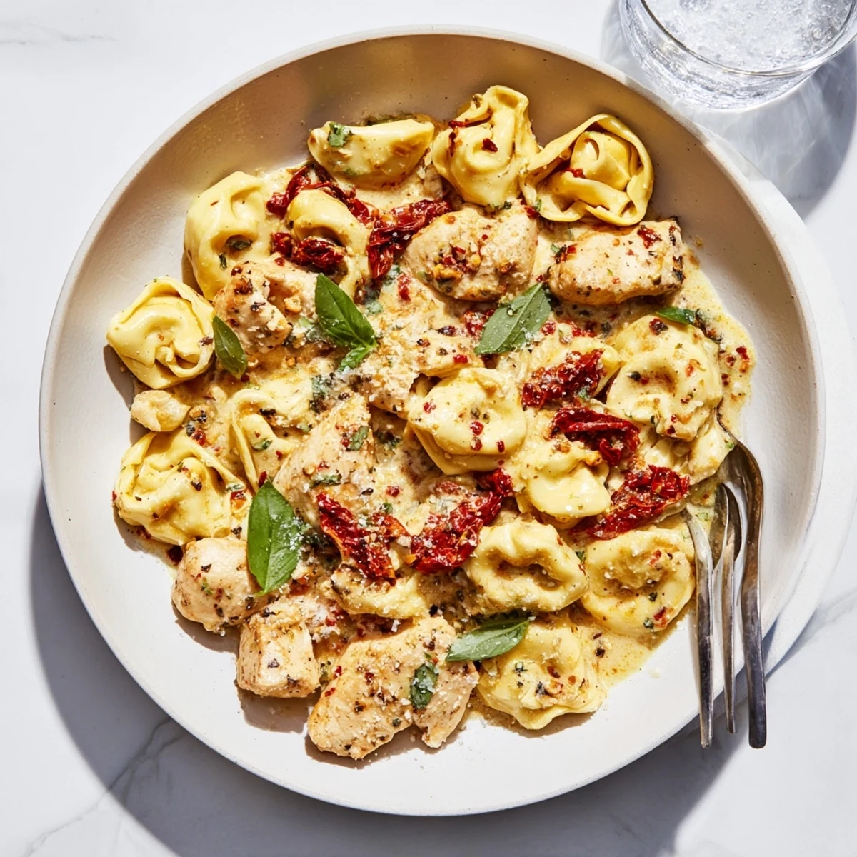 Golden chicken and cheese tortellini simmering in rich Italian sauce with chopped basil