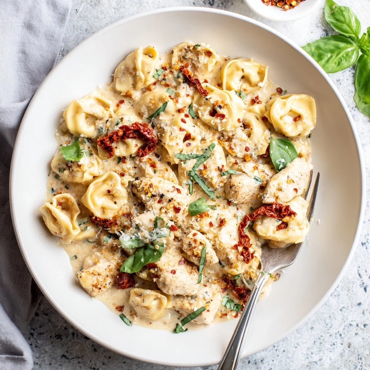 One-pan Marry Me Chicken Tortellini featuring tender pasta bites in savory cream sauce