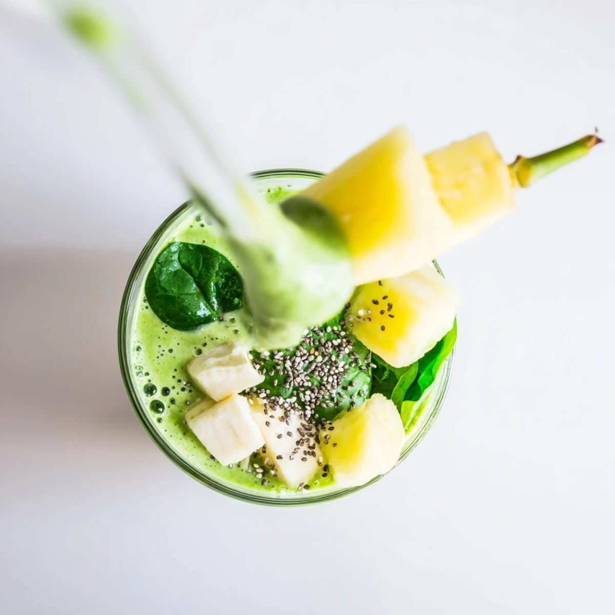 Creamy Greek yogurt green smoothie blended with fresh spinach, banana, and pineapple in a clear glass