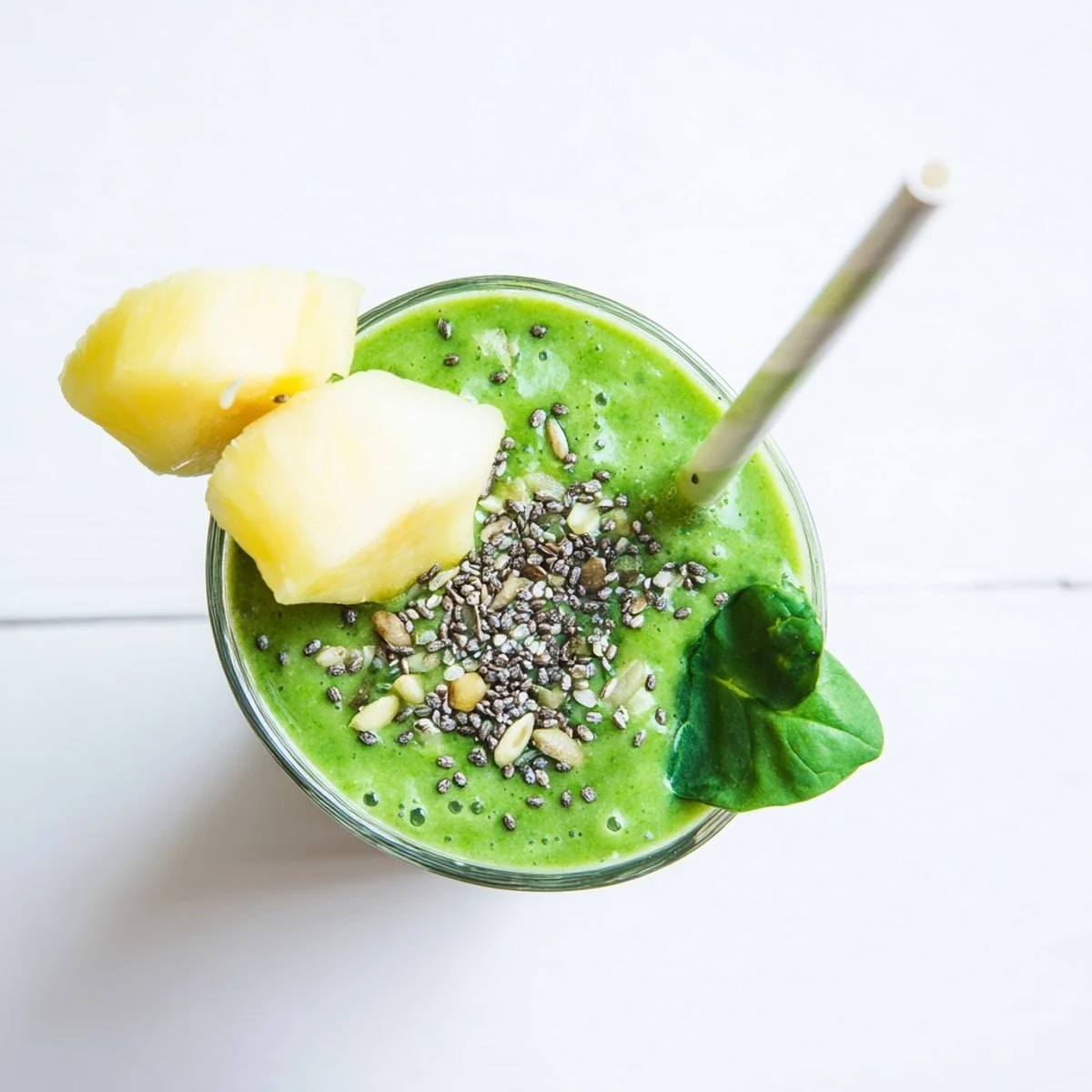Thick and protein-rich Greek yogurt green smoothie topped with chia seeds and served chilled for breakfast