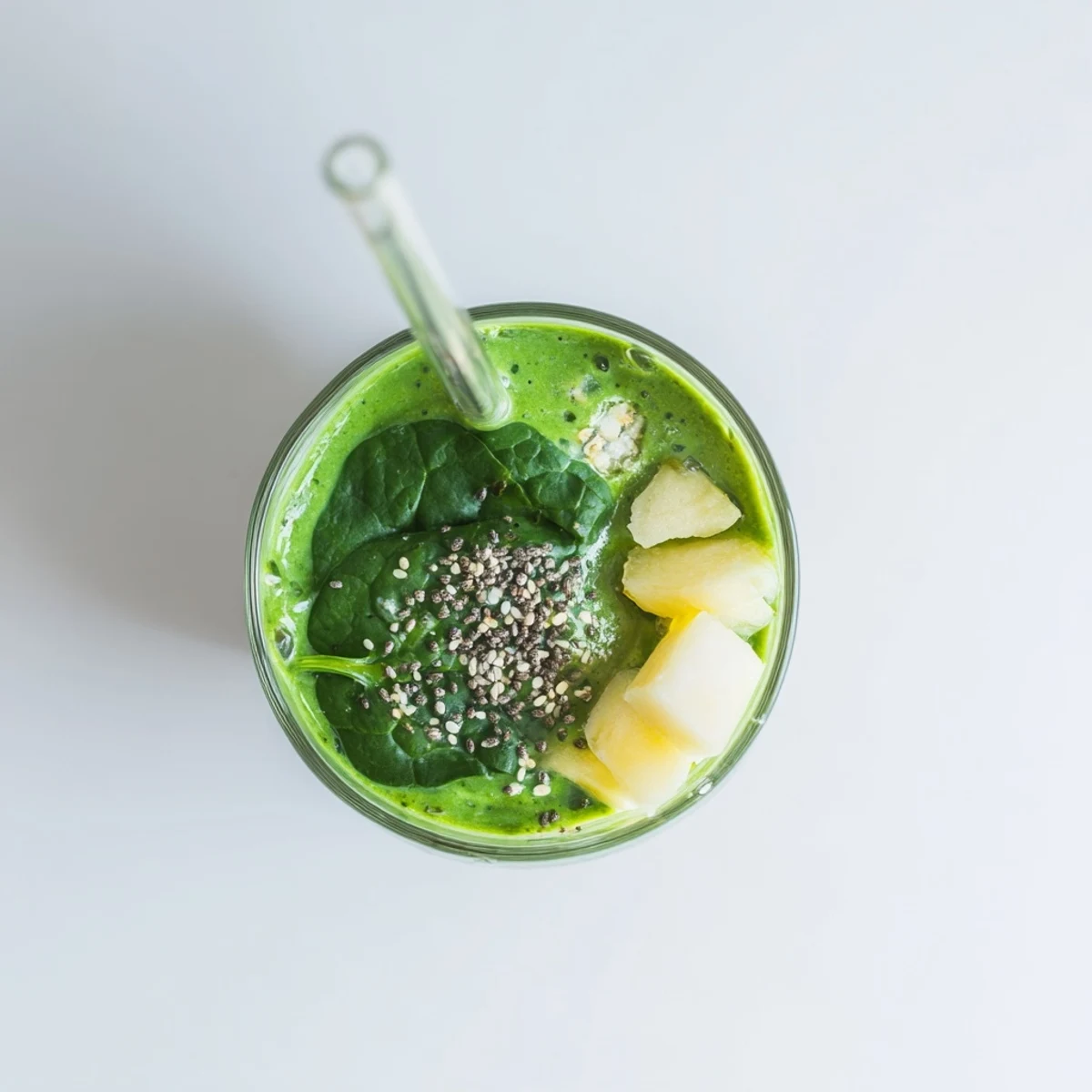Vibrant green Greek yogurt smoothie featuring tropical pineapple and spinach, poured into a tall glass with ice