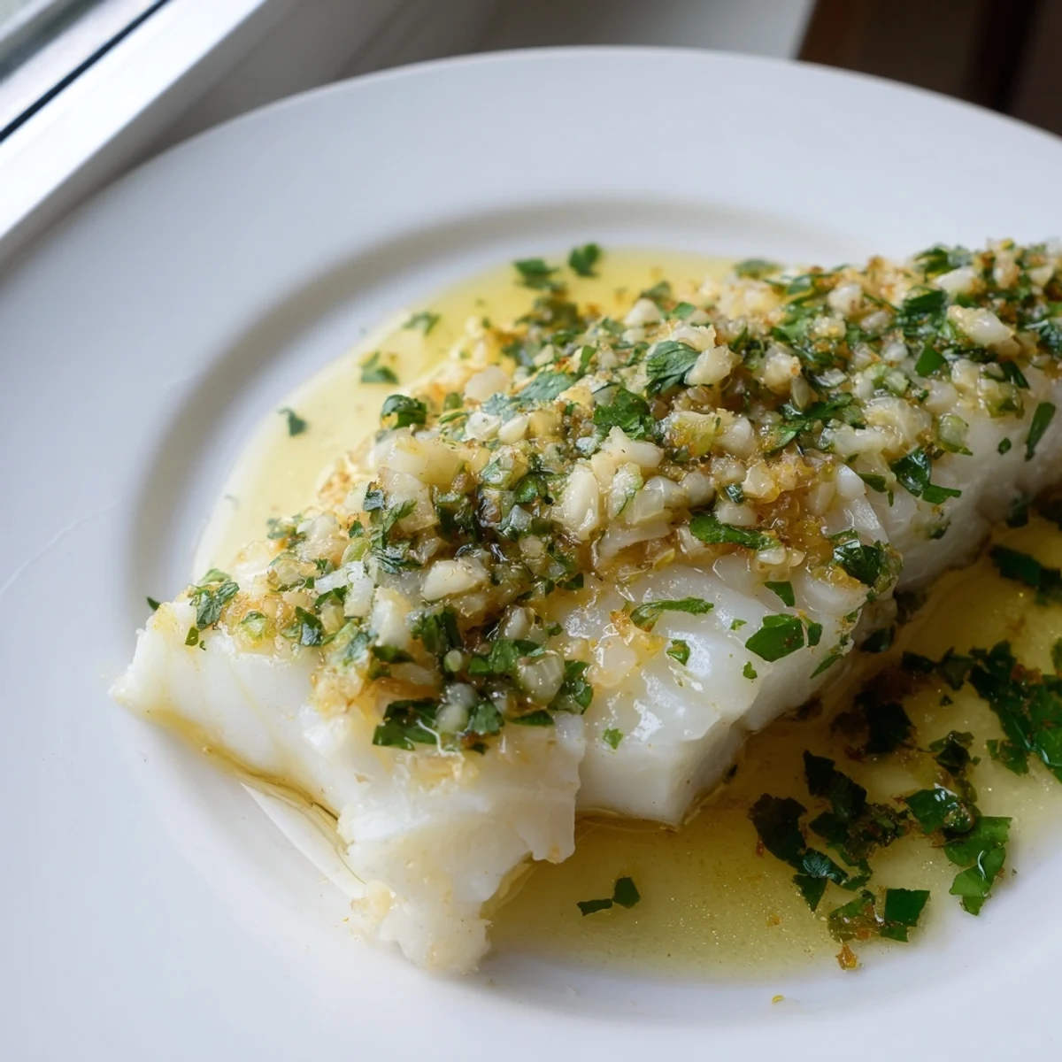 Golden baked lemon garlic cod fillets flake apart tenderly on a white serving plate with fresh parsley garnish