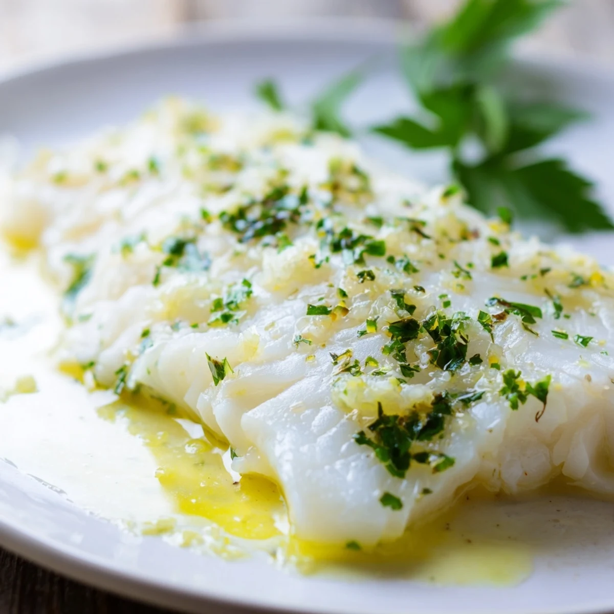 Flaky Mediterranean-style cod fish drizzled with bright lemon garlic butter sauce and topped with zesty lemon wedges