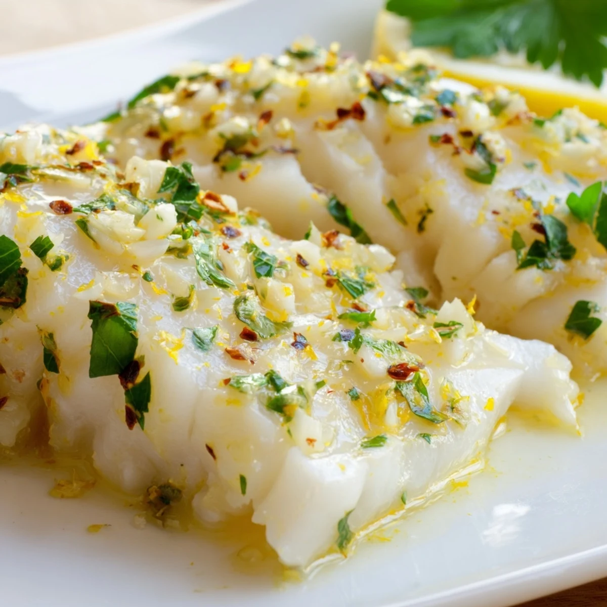 Perfectly baked tender cod with aromatic garlic and citrus flavors garnished with green parsley on a ceramic baking dish