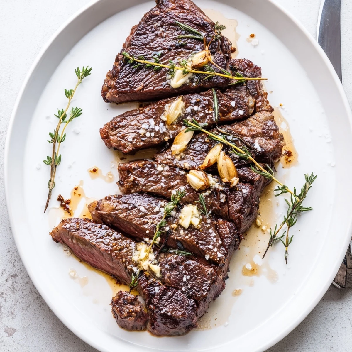 Perfectly seared garlic butter cast iron ribeye steak with golden crust and fresh herb garnish