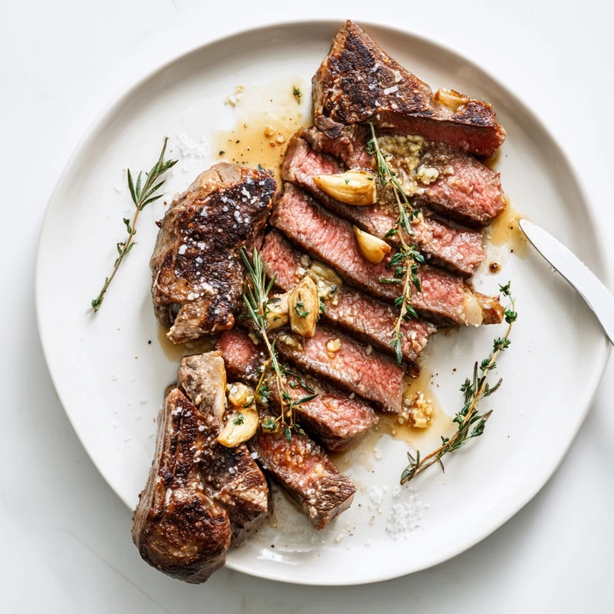 Juicy ribeye steak sizzling in cast iron skillet with aromatic garlic butter and thyme sprigs
