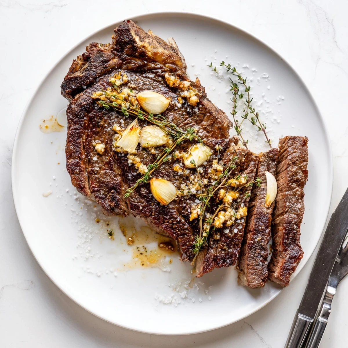 Succulent garlic butter cast iron ribeye steak plated with melted herb butter and crispy edges