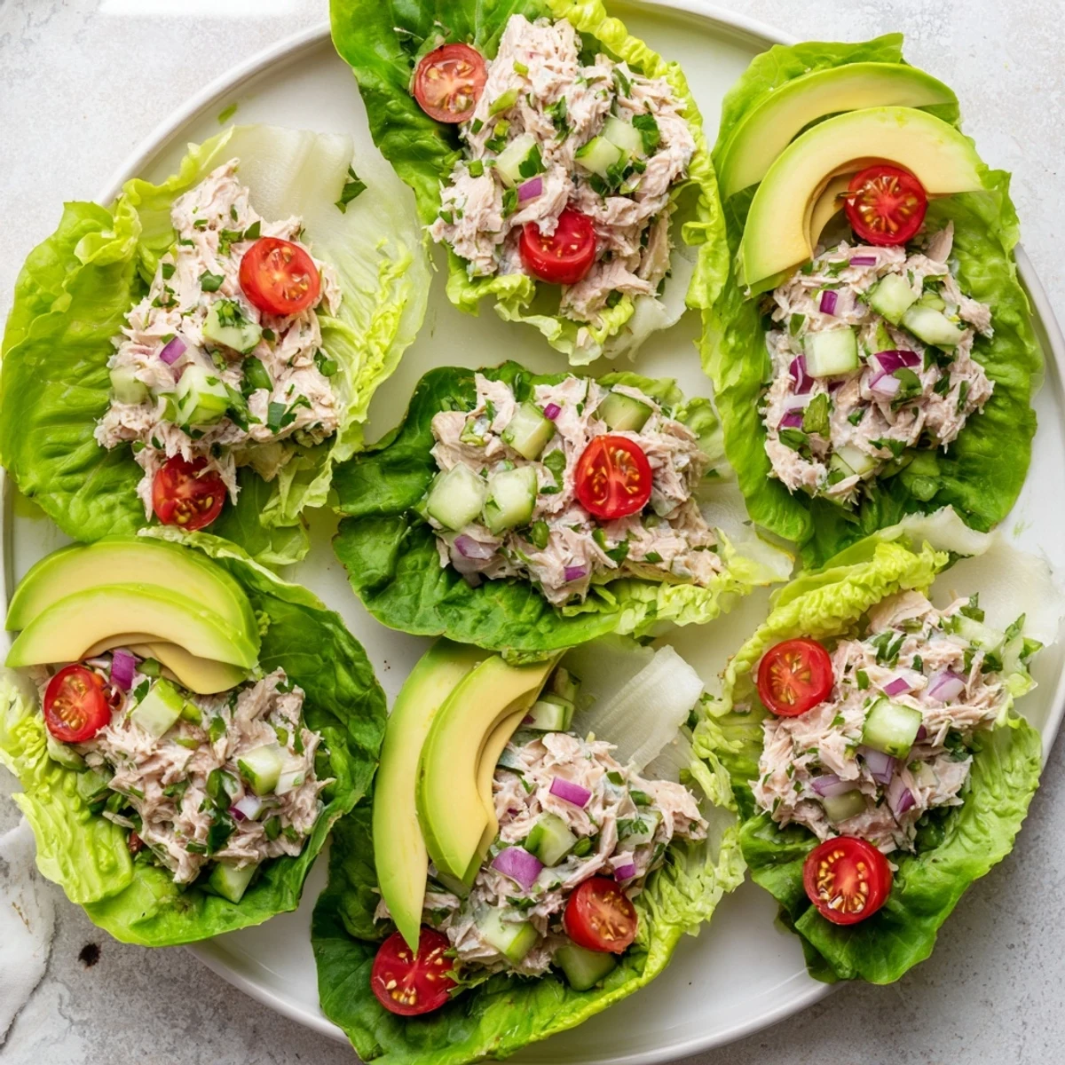 Protein-packed tuna salad lettuce wraps topped with cherry tomatoes for a light lunch