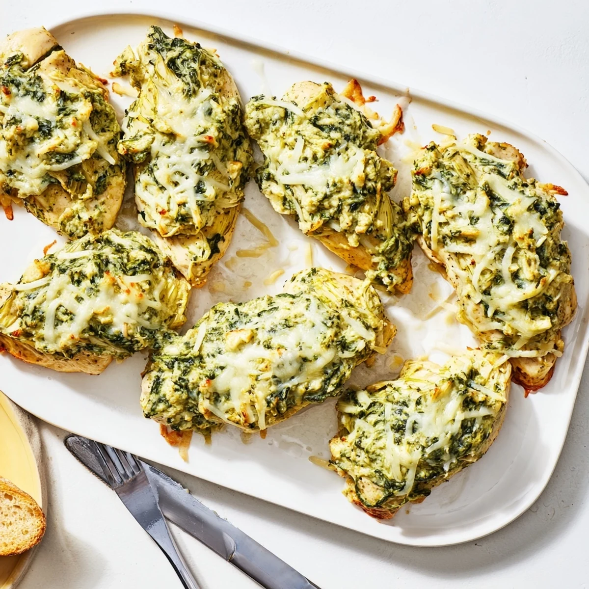 Golden melted mozzarella covers pesto spinach artichoke chicken bake fresh from the oven