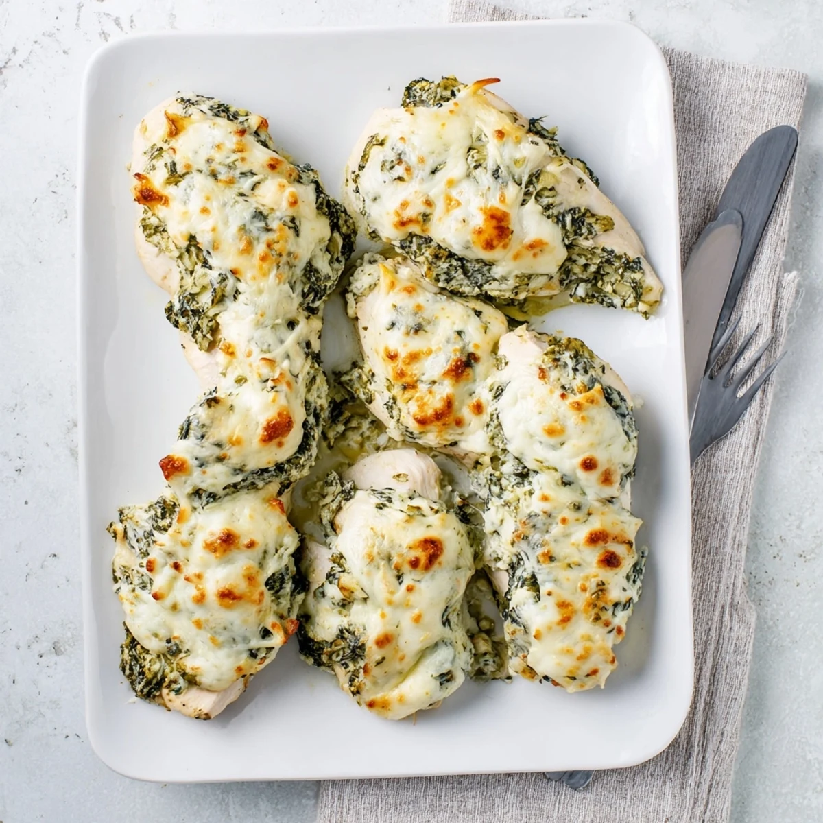 Creamy spinach artichoke chicken bake topped with bubbling cheese and vibrant green pesto