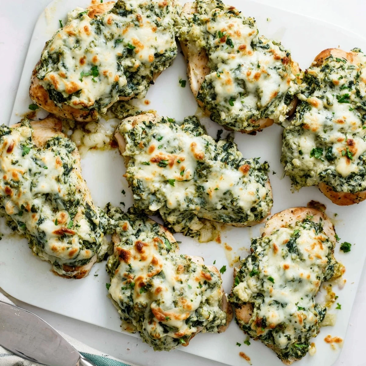 Baked chicken breasts layered with rich pesto spinach artichoke dip and melted mozzarella
