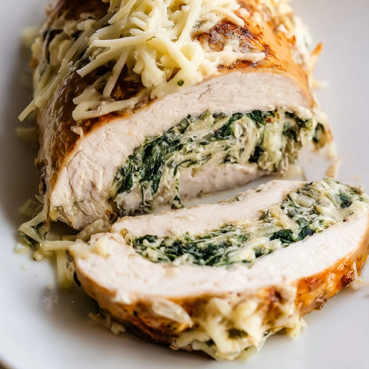 Golden baked spinach ricotta chicken breasts topped with melted mozzarella cheese on a white plate
