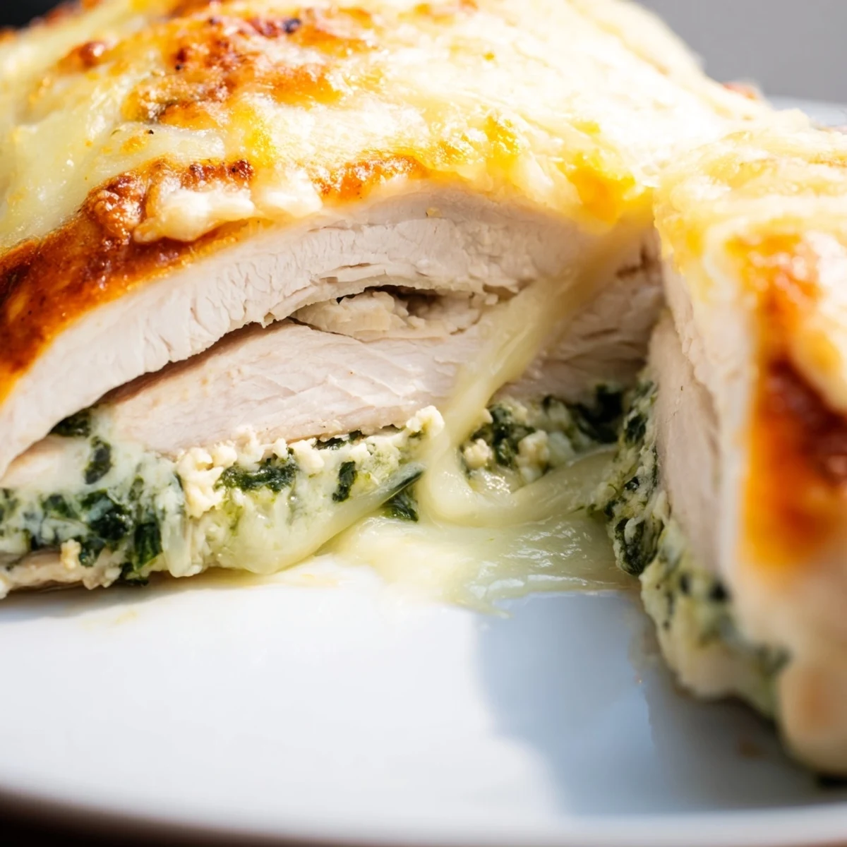 Juicy oven baked chicken breasts filled with spinach and ricotta cheese, garnished with fresh herbs