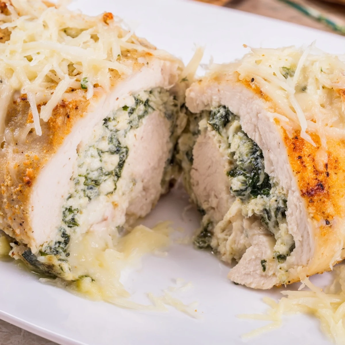 Stuffed chicken breast sliced open revealing creamy ricotta spinach filling with golden parmesan crust
