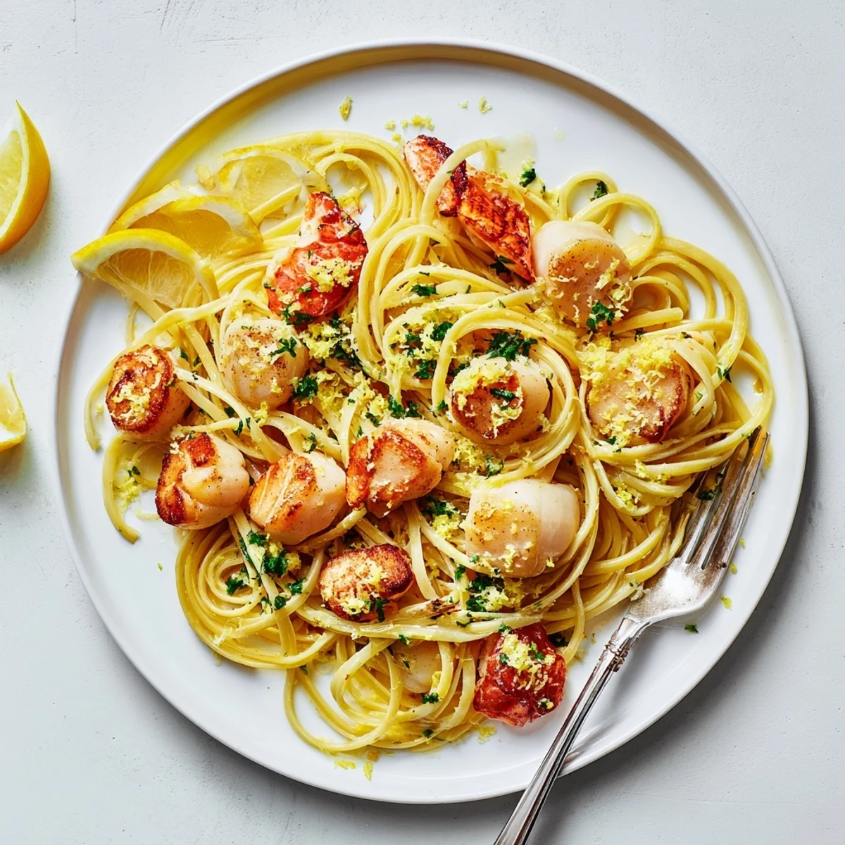 Golden lobster and scallop garlic butter linguine tossed with fresh herbs and lemon zest