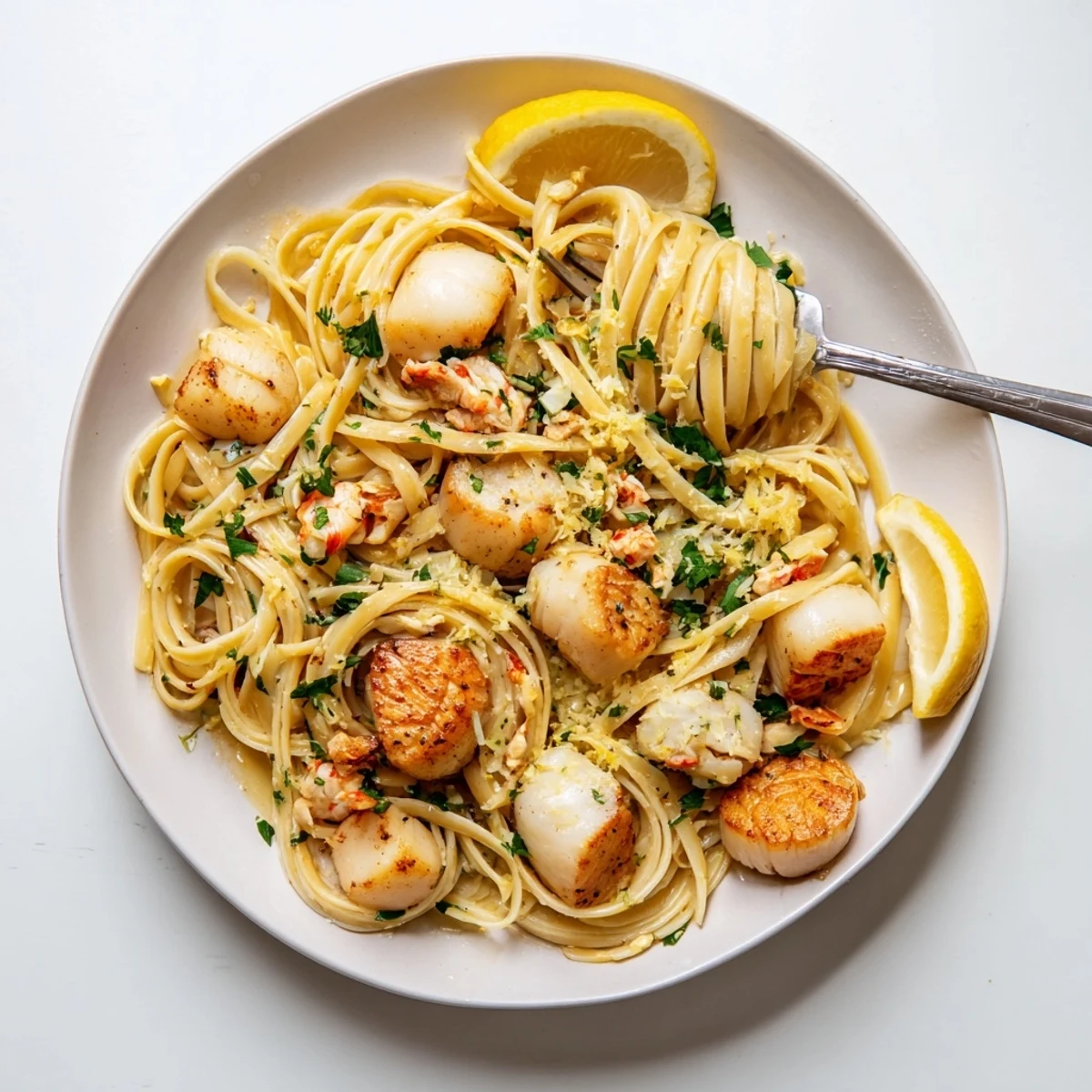 Creamy garlic butter linguine pasta topped with succulent seared scallops and tender lobster pieces